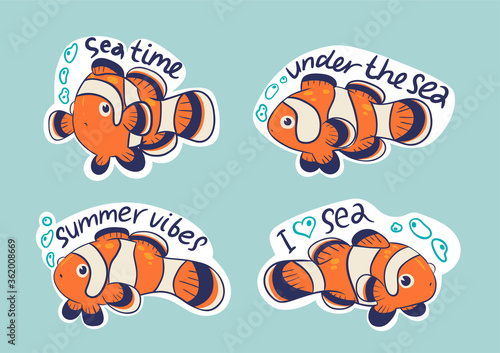 4 stickers with fish clowns and inscriptions. Vector graphics.
