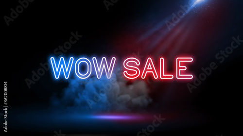 Wow Sale Design for Creative Advertising Campaign, Studio Room with Neon Lights.