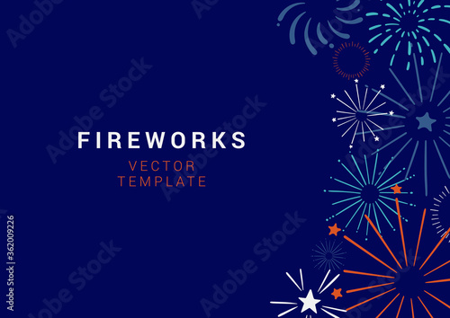 Hand drawn festive vector banner with colorful fireworks. Vector background for holiday, party, Christmas, birthday, carnival, Independence day. Celebration vector web banner