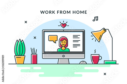 mage of a video conference or video chat. Vector flat illustration of a cozy workplace. Concept for work from home, telecommuting, freelance or outsourcing.
