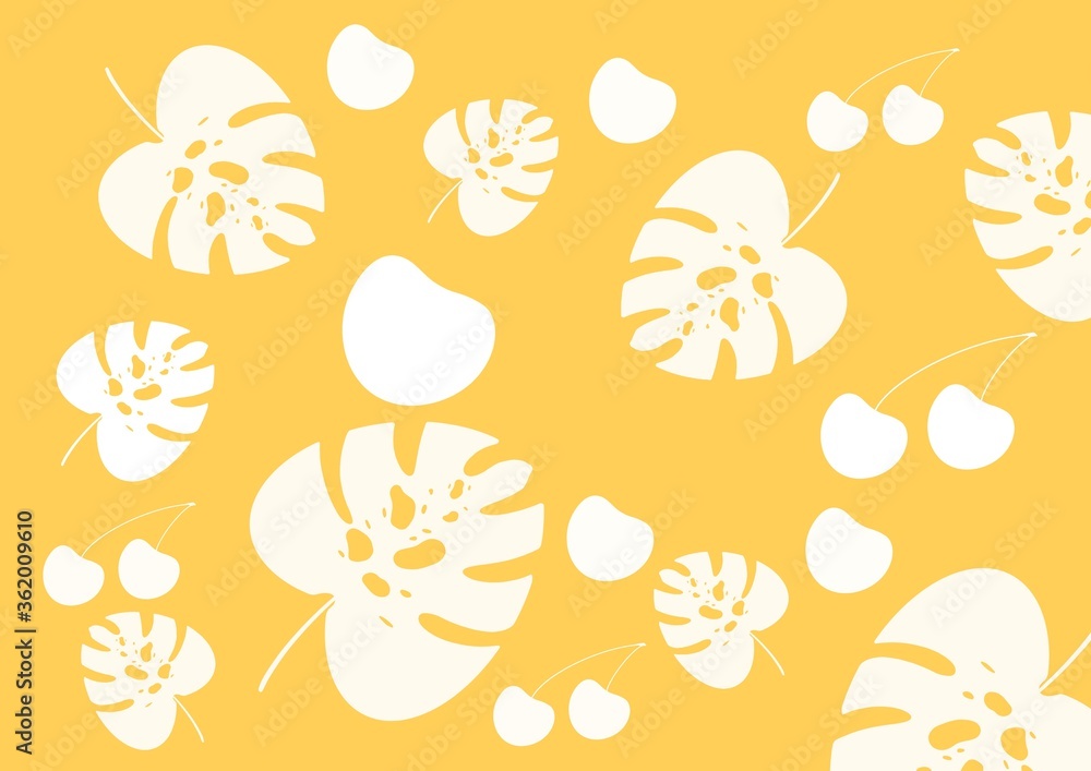 White leaves of monstera and cherry berries on a yellow background. Summer background with leaves and berries. White leaves of monstera and cherry berries on a yellow background. Summer background with leaves and berries.