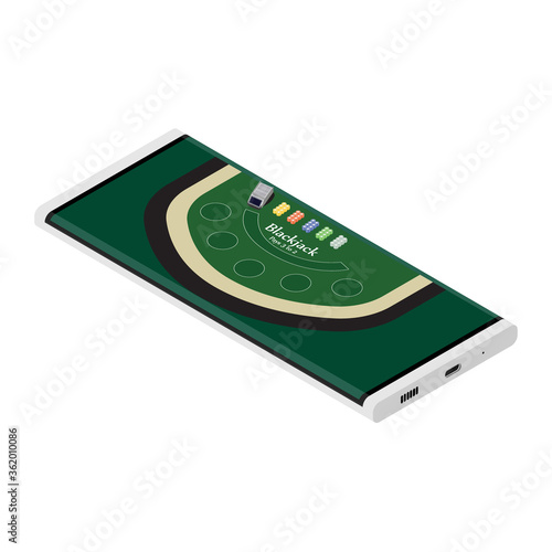 Casino and gambling concept. Online gambling. Smartphone with blackjack table