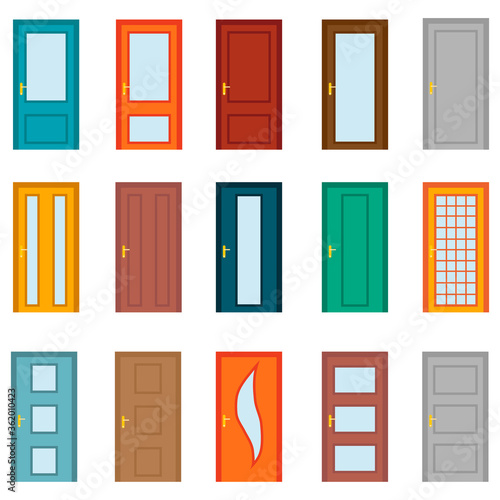 Door, set of cartoon colored doors isolated on a white background. Vector, cartoon illustration.