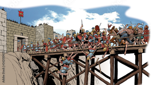 Canvas Print Ancient Rome - Fight on the bridge between Roman and Celtic soldiers