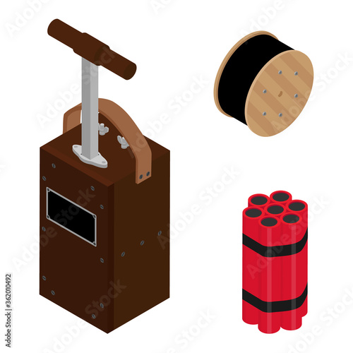 Blasting Machine or detonator box, dynamite sticks and black wire electric cable reel isolated on white background isometric view vector set.