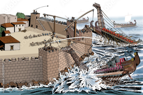 Fototapeta Ancient Rome - Syracuse, Roman ships attack against Archimedes' defensive machin