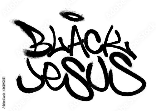 Sprayed black jesus font graffiti with overspray in black over white. Vector illustration.