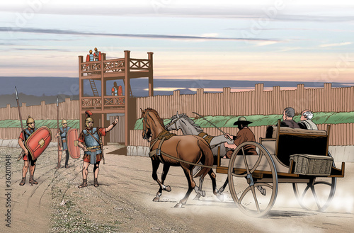 Canvas Print Ancient Rome - A buggy arrives at the Roman entrenched field