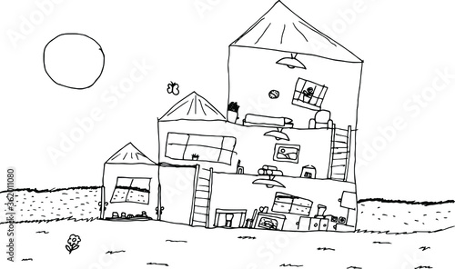 The drawing of the house and how everything is arranged inside it. House drawn by pen.