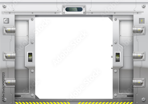 Futuristic metal armoured with sliding gate open
