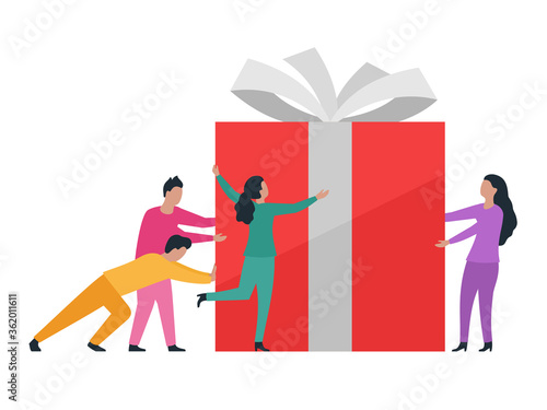 Small people dragging big red gift box with white ribbon - funny colorful vector isolated illustration