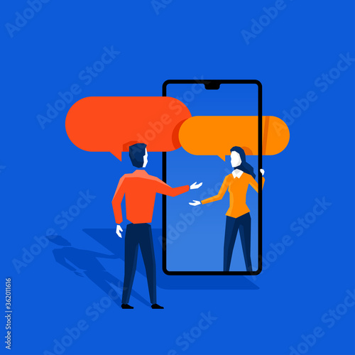Messenger chat or dating agency concept  - couple of people (man and woman) talking to each other through phone screen - social network creative illustration