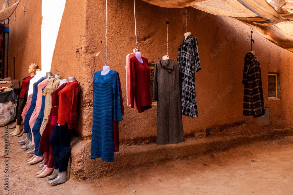 Cloth shop in the streets of Tinghir, Morocco
