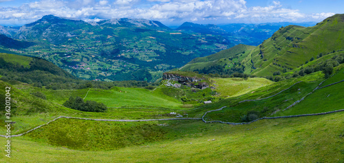Landscape from a drone in Portillo de la Sia. Mowing meadows, pasiegas cabins and beech forests. Community of Cantabria. Spain.Europe © JUAN CARLOS MUNOZ