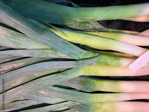 Close up of leeks in a row on german farmers market