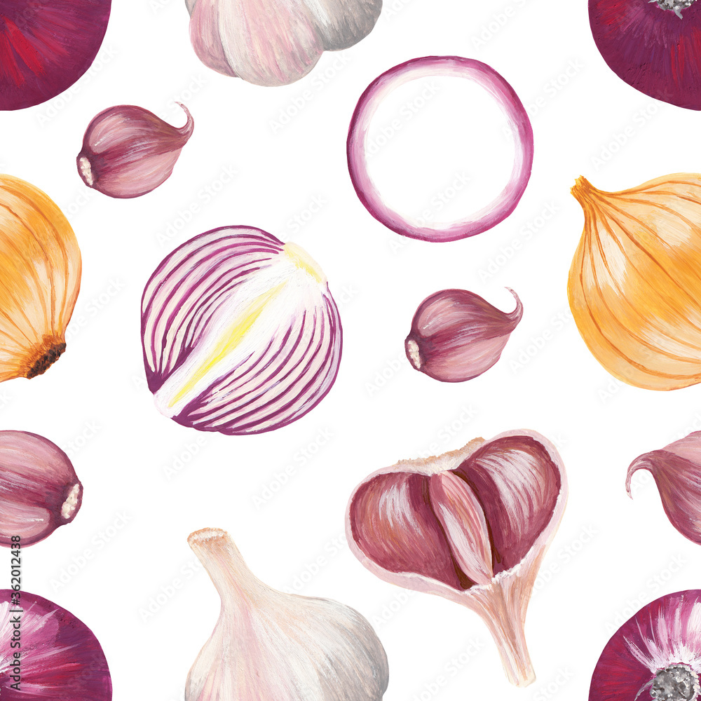 Fototapeta premium Seamless print of onions and garlic. Raster sharp vegetables hand drawn isolated on a white background. Square timeless print of cloves and whole garlic and onions