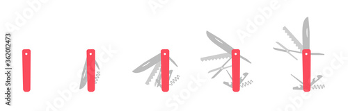 Jackknife multi-tool. Folding knife. The folded and unfolded position. The folded and unfolded position penknife. Animation progression stages vector infographic.