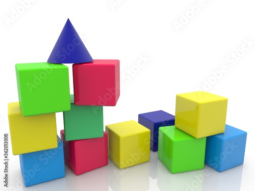 Toy blocks of different colors and shapes in an abstract construction
