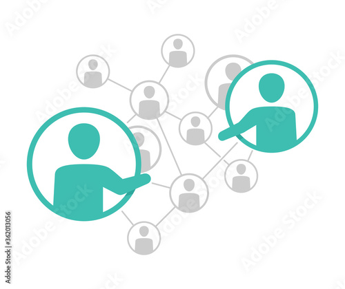 Network management scheme - vector illustration of people community which contains people icons or avatars connected to each other by lines with two people in friendship or cooperation
