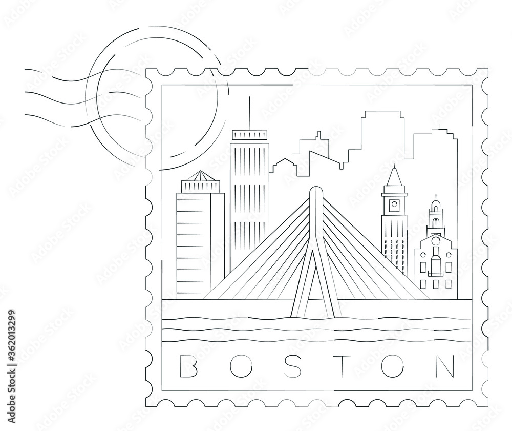 Minimal linear Boston stamp vector illustration and typography design, Massachusetts, Usa