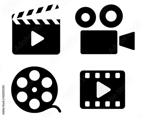 Cinema icons - Film Clapper, Camera, Film reel, Video. Cinema symbol. Vector photo