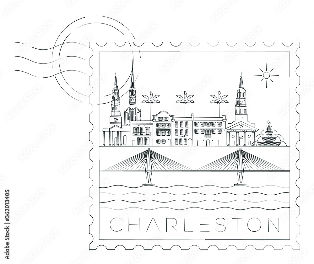 Naklejka premium Charleston stamp minimal linear vector illustration and typography design, South Carolina, Usa