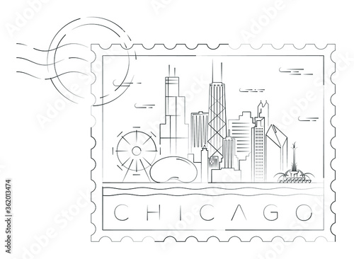 Chicago stamp minimal linear vector illustration and typography design, Illinois, Usa