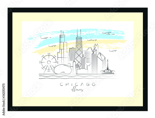 Chicago poster minimal linear vector illustration and typography design, Illinois, Usa