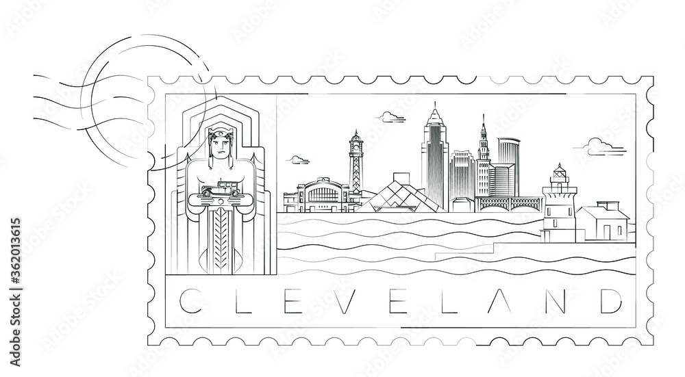 Cleveland stamp minimal linear vector illustration and typography design, Ohio, Usa