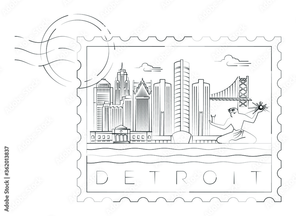 Detroit stamp minimal linear vector illustration and typography design, Michigan, Usa