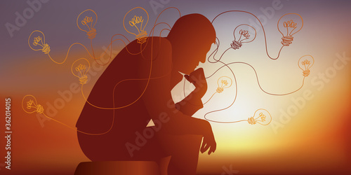 Concept de la méditation avec un homme qui réfléchi en se tenant la tête de laquelle sortent des ampoules qui symbolisent des idées.