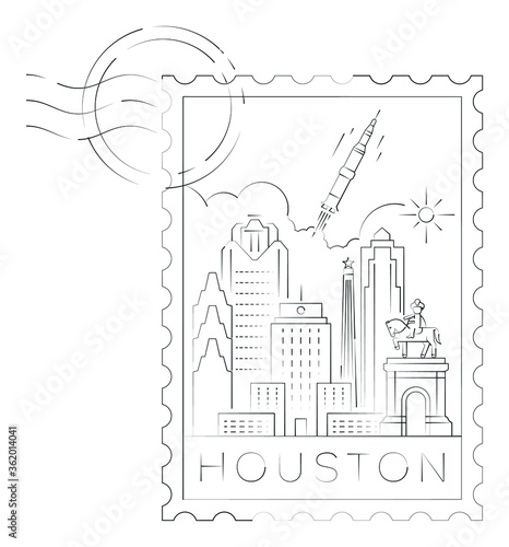 Houston stamp minimal linear vector illustration and typography design, Texas, Usa