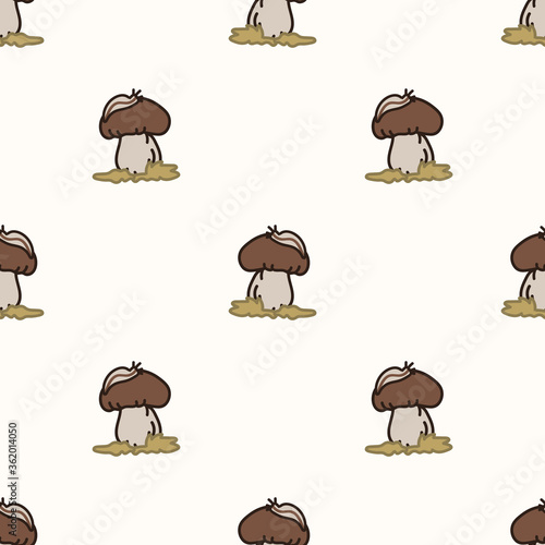 Seamless background bolete mushroom and slug gender neutral baby pattern. Simple whimsical minimal earthy 2 tone color. Kids nursery wallpaper or boho cartoon animal fashion all over print.