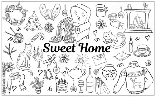 Sweet home set isolated hand drawn  on white  background. Warm and cozy illustration in scandinavian style.Sutable elements for greeting cards  posters  stickers and postcards design. Vector.