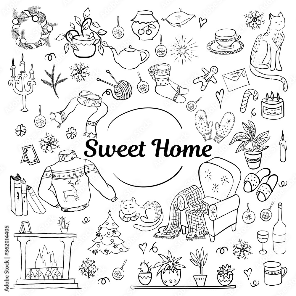 Sweet home set isolated hand drawn  on white  background. Warm and cozy illustration in scandinavian style.Sutable elements for greeting cards, posters, stickers and postcards design. Vector.