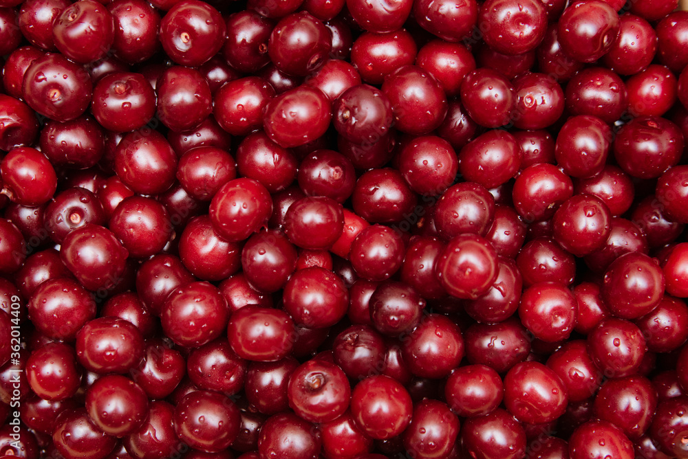 Cherries background. Cherry with drops. Food background.Top view Cherries background. Cherry with drops. Food background.Top view