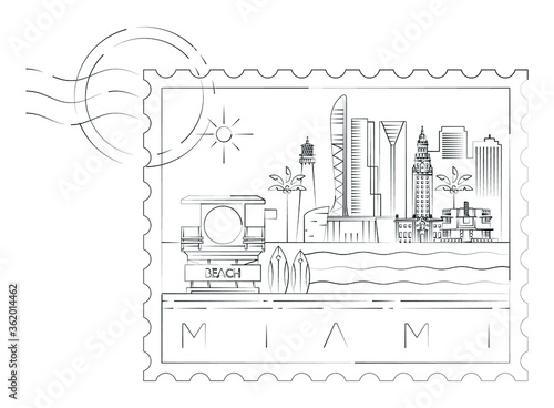 Miami stamp minimal linear vector illustration and typography design, Florida, Usa