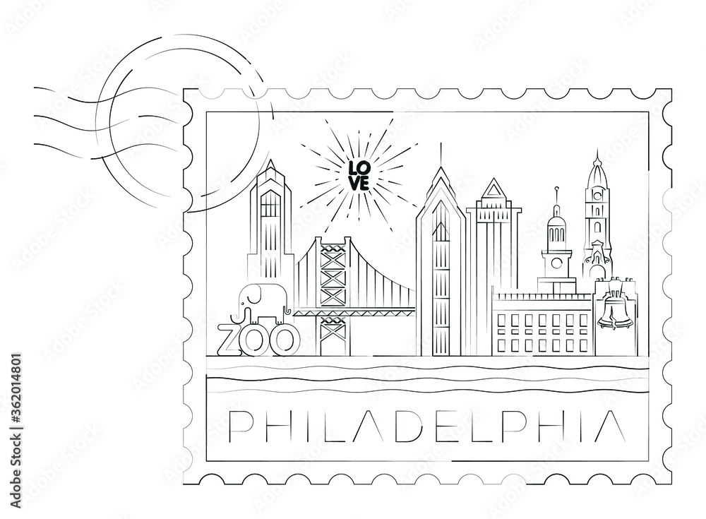 Philadelphia stamp minimal linear vector illustration and typography design, Pennsylvania, Usa