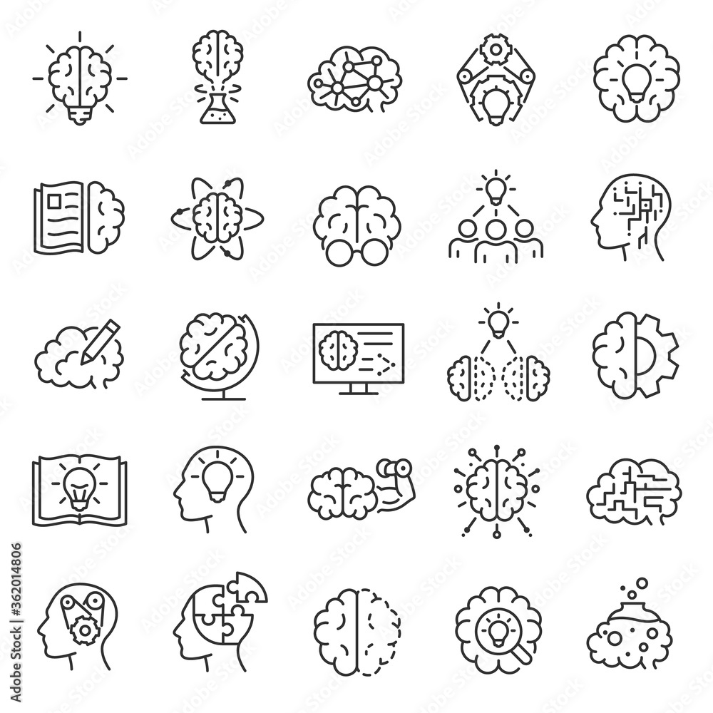 Knowledge, Intellect, iq, icon set. Logic, understanding, learning, linear icons. brainstorm, inventing ideas. Line with editable stroke