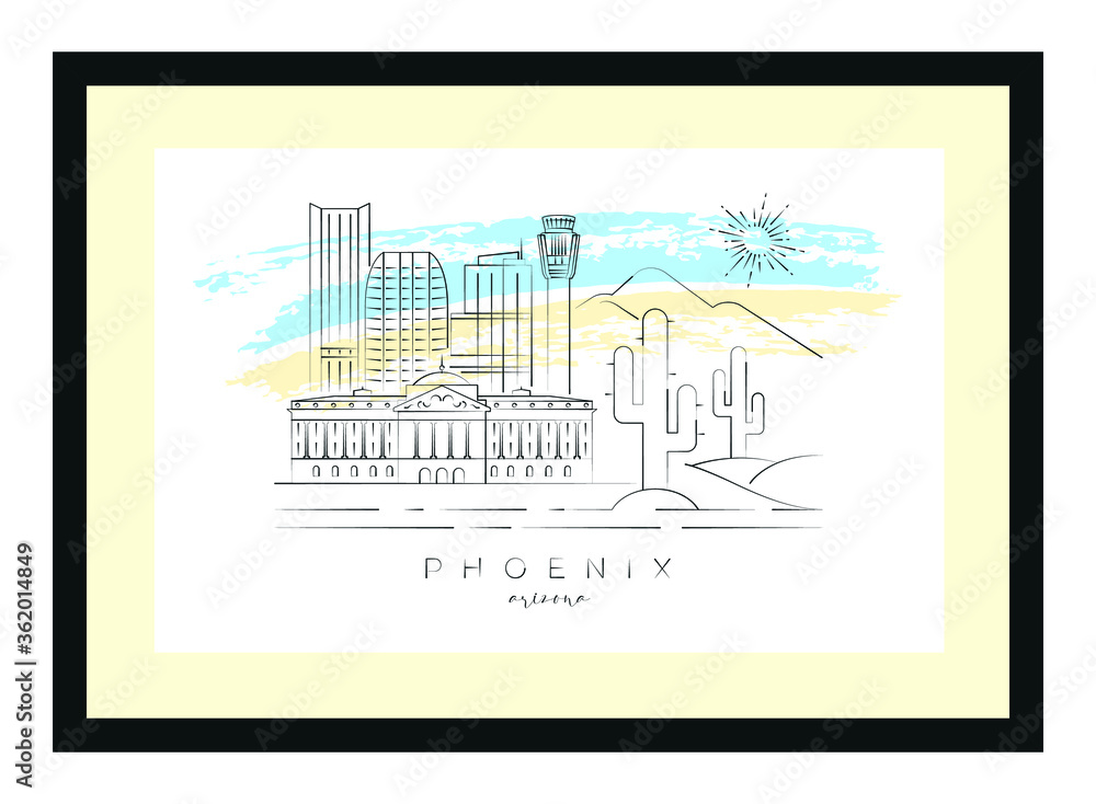 Phoenix poster minimal linear vector illustration and typography design, Arizona, Usa