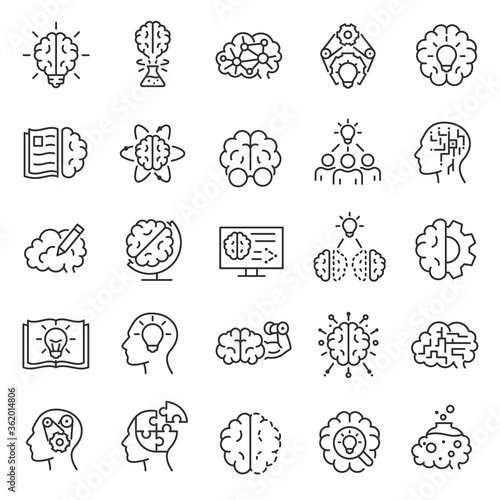 Knowledge, Intellect, iq, icon set. Logic, understanding, learning, linear icons. brainstorm, inventing ideas. Line with editable stroke photo