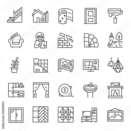 Interior and exterior design, icon set. Interior designer, conceptual development, space planning, selection of furniture, interior decoration materials, linear icons. Line with editable stroke