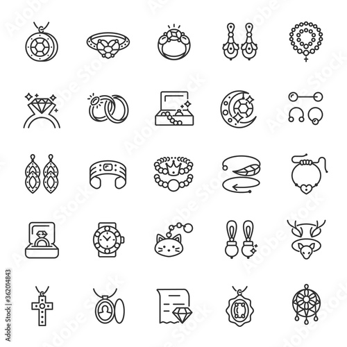 Jewelry and bijouterie  icon set. Jewellery such as brooches  rings  necklaces  earrings  pendants  bracelets  etc. Decorative items for personal adornment  linear icons. Line with editable stroke