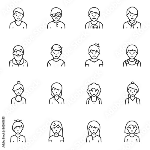People, icon set. Avatars, men and women in various clothes and hairstyles, linear icons. Line with editable stroke
