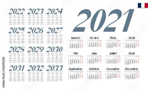 French Calendar for 2021-2033. Week starts on Monday
