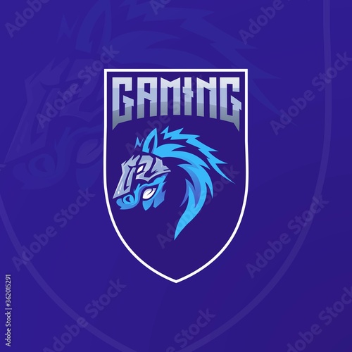 Horse head athletic club vector logo concept isolated on dark background. Modern sport team mascot badge design. E-sports team logo template with horse vector illustration