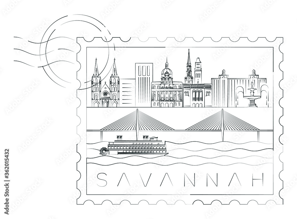 Savannah stamp minimal linear vector illustration and typography design, Georgia, Usa