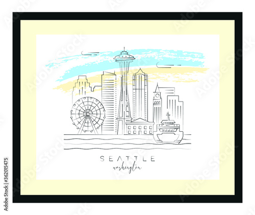 Seattle poster minimal linear vector illustration and typography design, Washington, Usa
