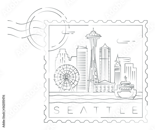 Seattle stamp minimal linear vector illustration and typography design, Washington, Usa