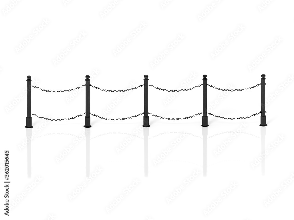 Naklejka premium Black Chain Barrier Stand on a white background 3d rendering. 3d illustration Iron fence barricade.